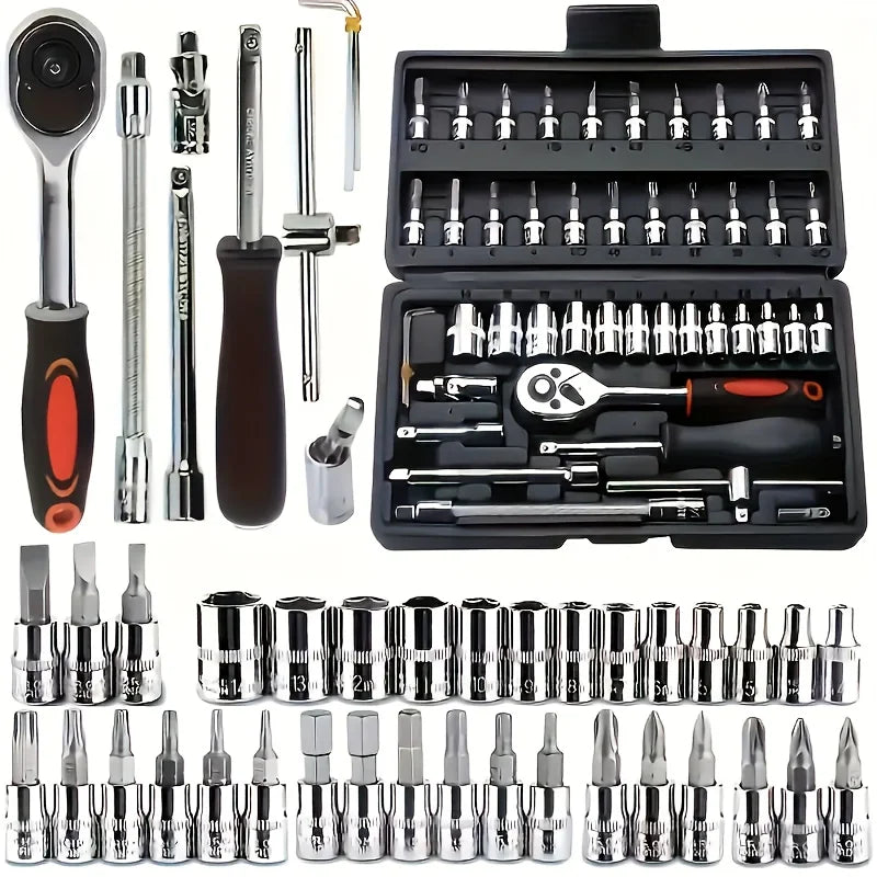 46pcs Auto Mechanical Repair Tool Set, Multifunctional with Socket, Wrench And Ratchet Set, Auto Repair, Mechanical Toolkit